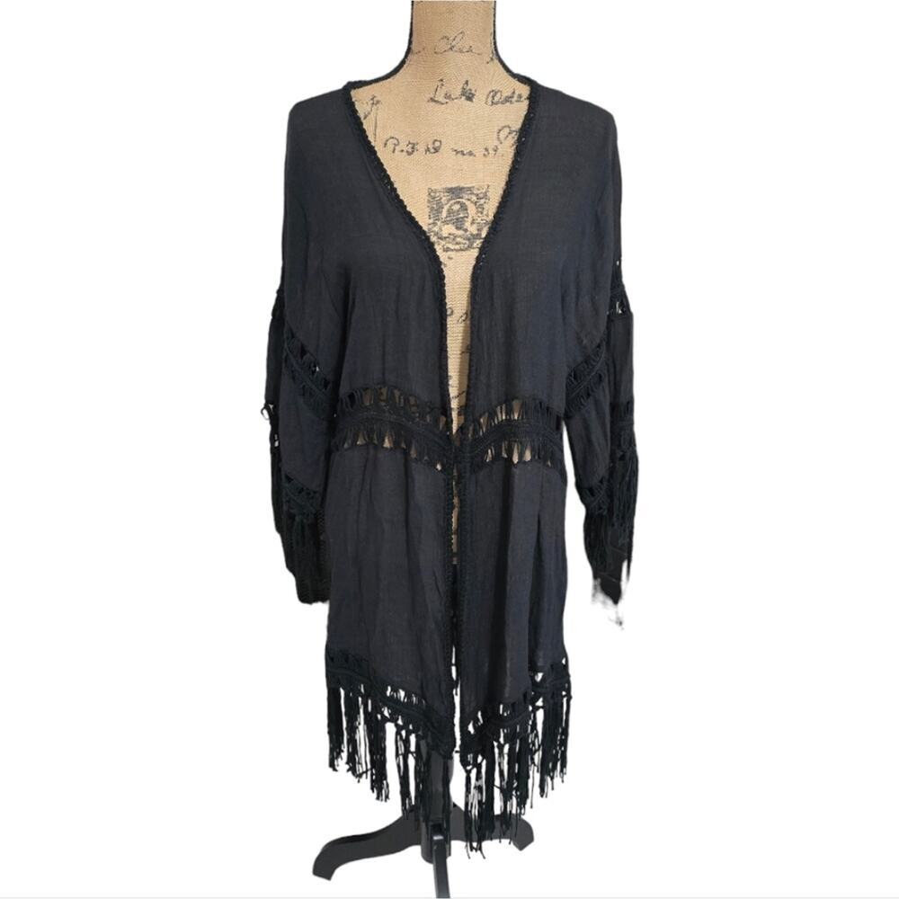 Vivid Black Crochet‎ Fringe Boho Kimono Duster Swimsuit Coverup Plus Size 1X New